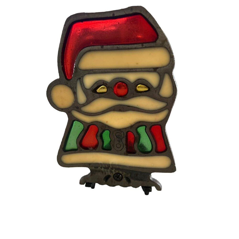 Vintage Santa Stained Glass-Style Metal Candle Holder